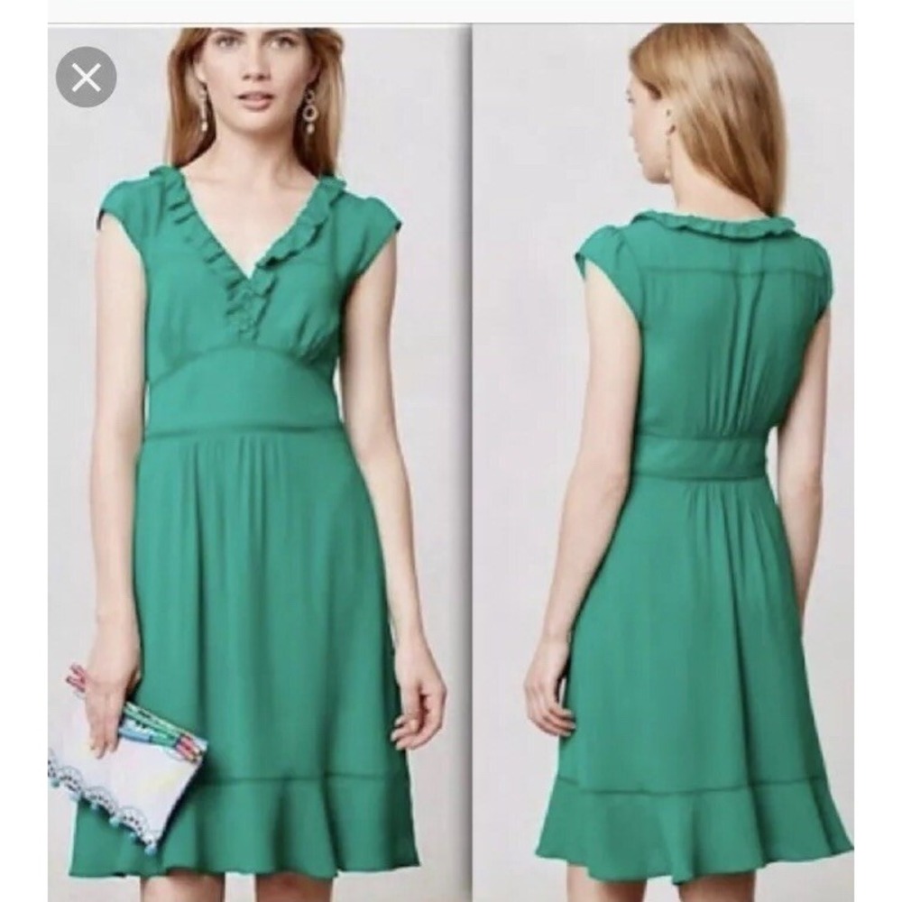 Anthropologie Maeve Pin Up Della Dress 2 XS Green Ruffles Pockets Fit & Flare